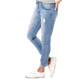 Light Wash Distressed Girlfriend Jeans Size 28 | Mid Rise Casual Denim Raw Hem